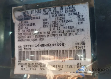 1992 Ford F150 from USA, damaged, VIN 1FTEF14N8NNA85390